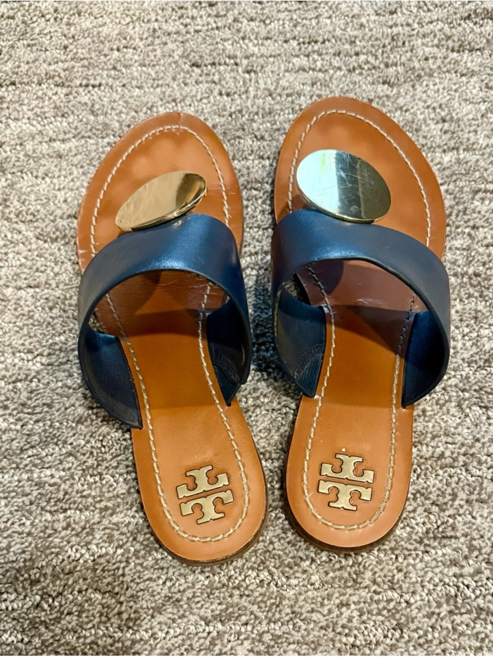 Tory Burch Navy Leather Toe-Post Sandals with Gold Medallion